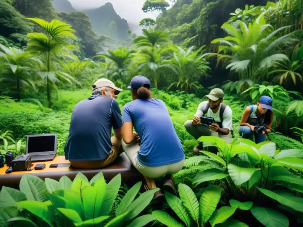 Voluntarios diversificados recolectando datos en un ecosistema vibrante