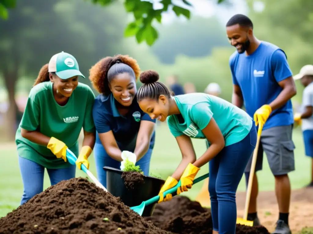 Voluntarios de todas las edades y orígenes trabajan juntos en un parque local, mostrando su dedicación a proyectos comunitarios de activismo ecológico