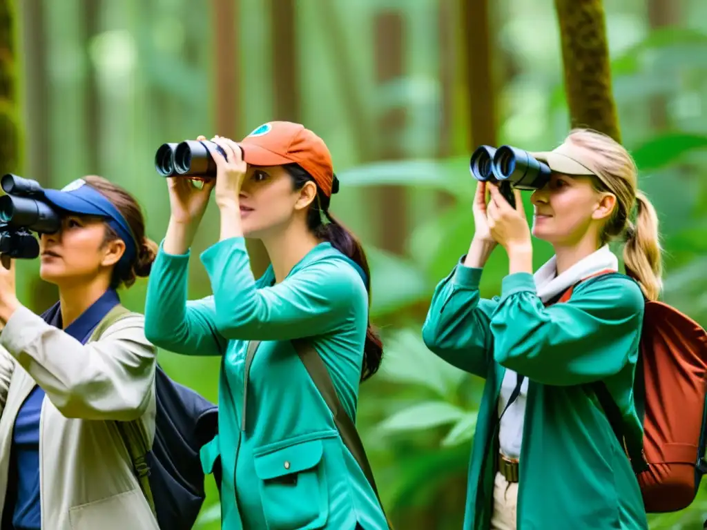 Voluntarios entusiastas participan en la monitorización de aves en un bosque biodiverso, demostrando la importancia de la participación ciudadana en la investigación ecológica