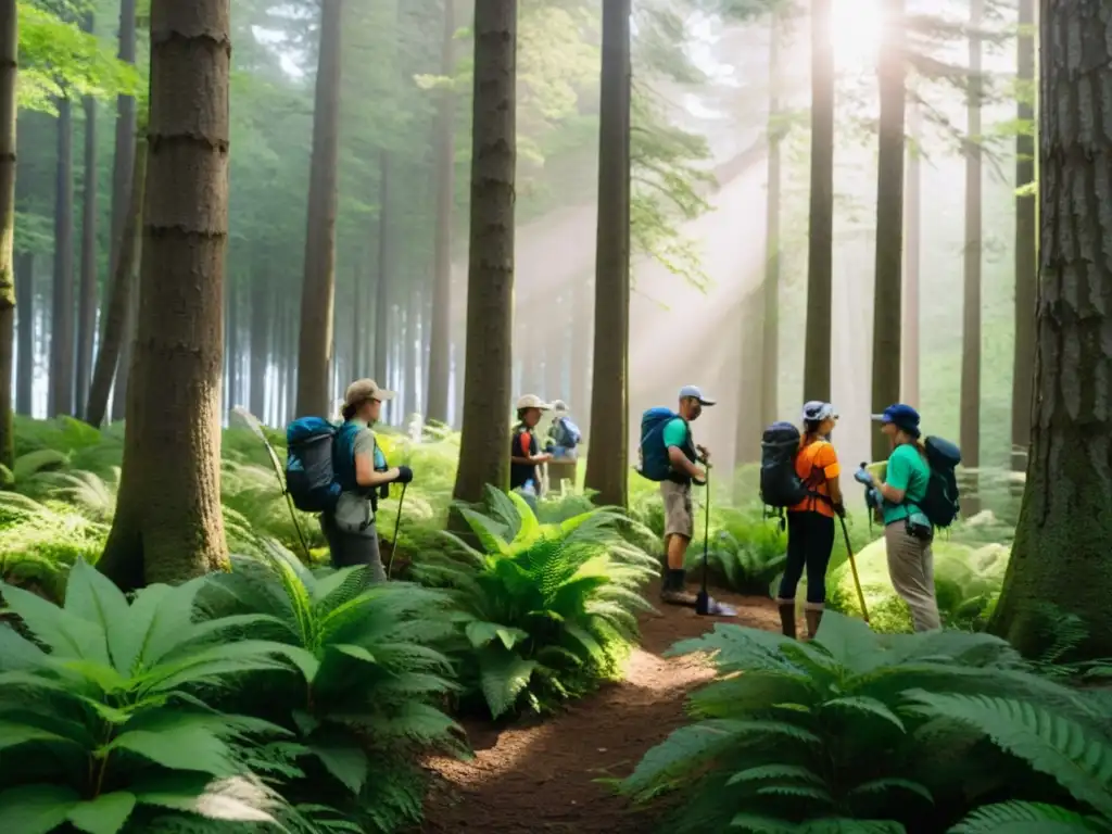 Voluntarios con equipamiento de conservación, plantando árboles y observando la vida silvestre en un bosque exuberante