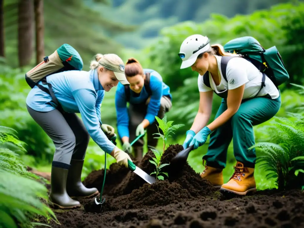 Voluntarios con equipamiento especial plantando árboles en conservación de ecosistemas