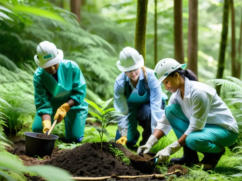 Voluntarios con equipo de protección plantan árboles en un bosque exuberante