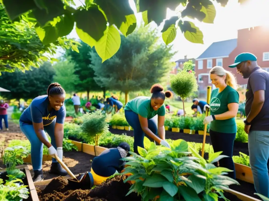 Voluntarios locales plantando árboles en un jardín comunitario, fomentando la conservación sostenible y la unidad en la comunidad