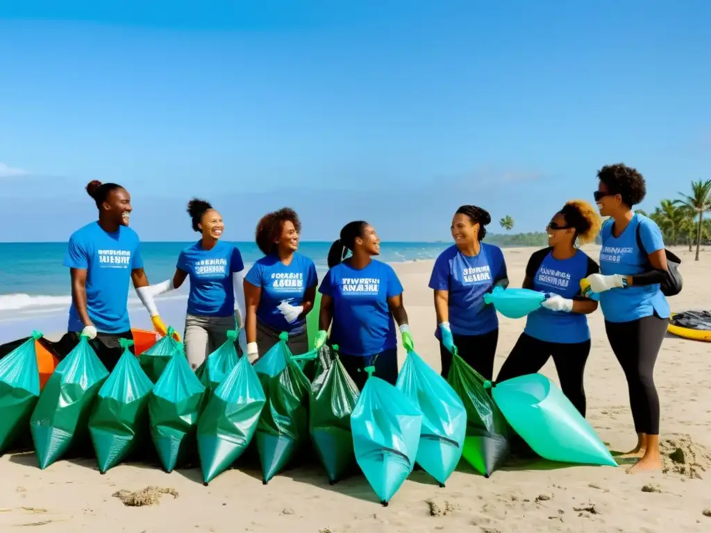 Voluntarios limpiando una playa, unidos por campañas ambientales participativas mundo, con cielos azules y océano reluciente