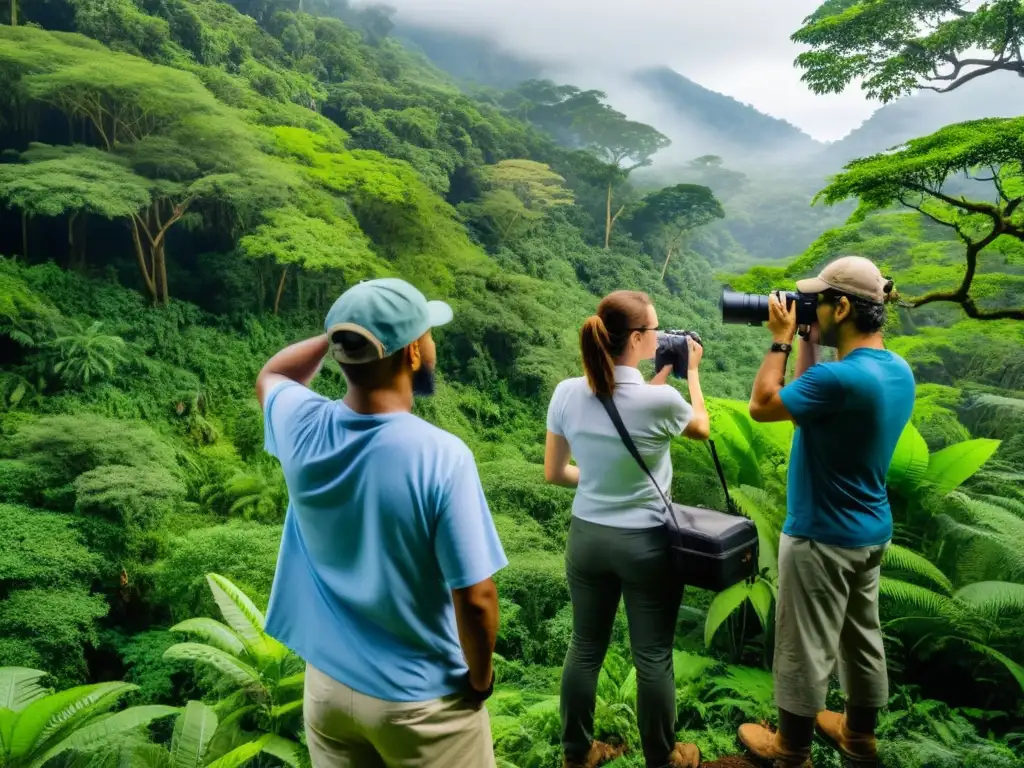 Voluntarios documentando vida silvestre en un bosque biodiverso, mostrando su dedicación a proyectos de conservación