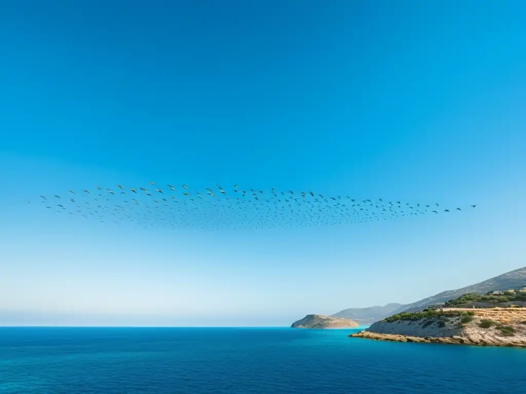 Vuelo majestuoso de aves migratorias del Mediterráneo sobre aguas cristalinas y cielo azul, reflejando la belleza natural