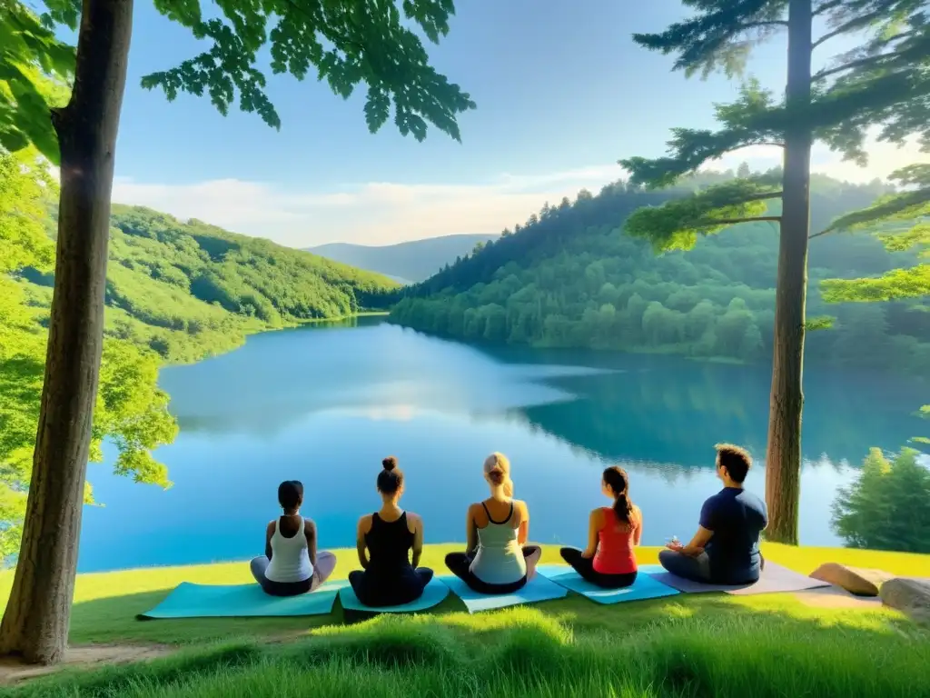 Práctica de yoga al aire libre junto al lago, rodeados de naturaleza