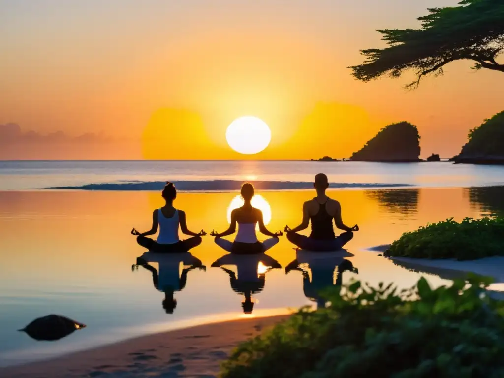 Práctica de yoga al atardecer en una isla remota, con siluetas de yoguis y colores vibrantes reflejados en el océano