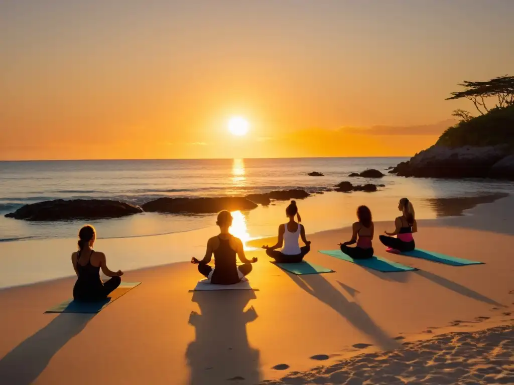 Práctica de yoga al atardecer en una playa remota, conectando mente y cuerpo