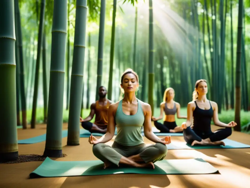 Práctica de yoga en un bosque de bambú, donde la luz y la serenidad se entrelazan con las posturas fluidas y gráciles de los yoguis