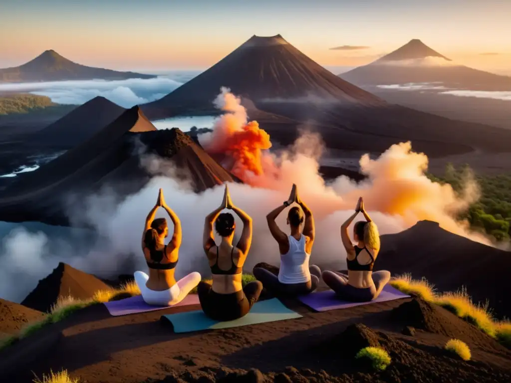 Yogis realizan saludos al sol en cráter volcánico al amanecer Práctica de yoga al amanecer en un cráter volcánico, mostrando la conexión entre yoga y la energía de la tierra