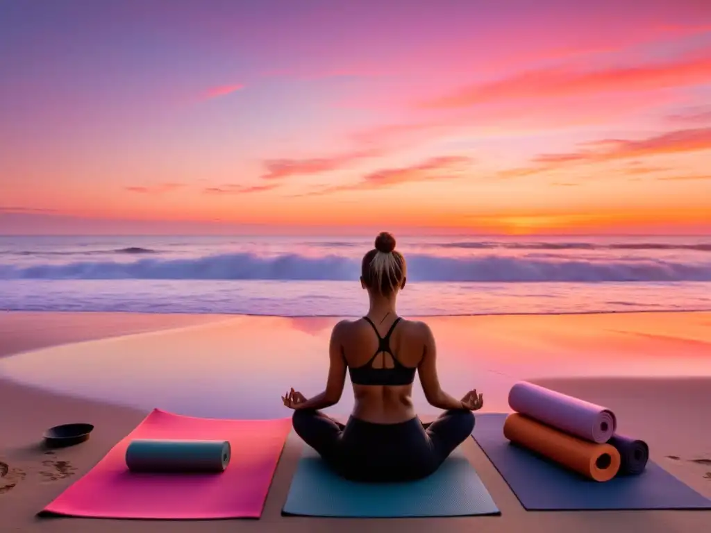 Práctica de yoga en entorno marino al amanecer, con un cielo de tonos rosados y anaranjados reflejados en el mar