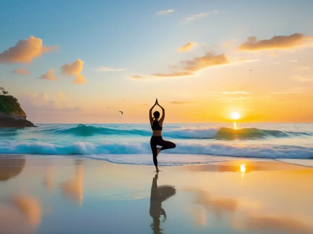 Práctica de yoga en entorno marino al amanecer, con delfines saltando y vida marina colorida en aguas cristalinas