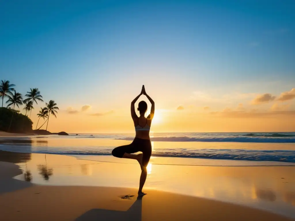 Práctica de yoga en entorno marino: imagen de playa serena al amanecer, figura solitaria practicando yoga en la arena, aguas cristalinas y luz dorada