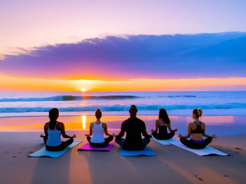 Práctica de yoga en entorno marino al amanecer, con personas realizando posturas de yoga en la playa mientras el sol se eleva sobre el océano