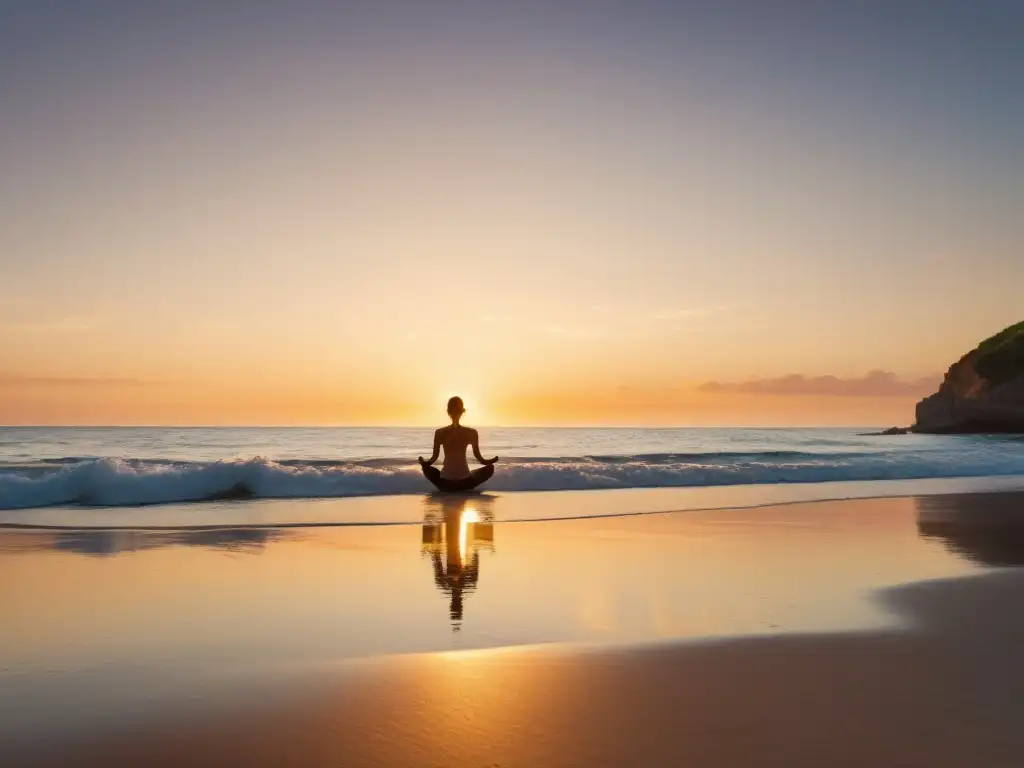 Práctica de yoga en entorno marino al amanecer, con el sol dorado sobre el mar calmado y cielo pastel reflejado en las olas