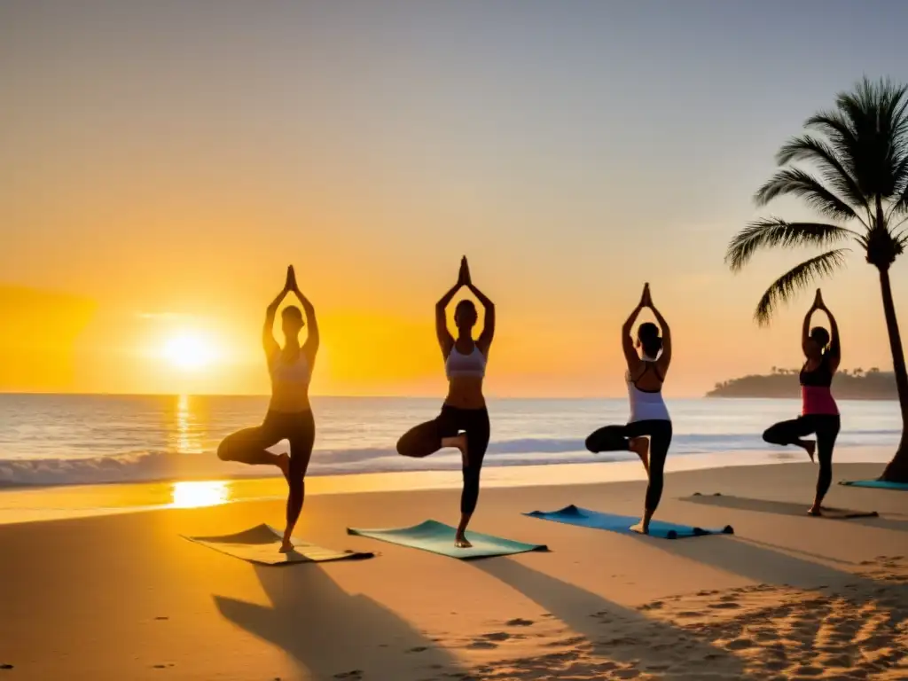 Práctica de yoga en entorno marino: El sol matutino ilumina la serena playa donde un grupo realiza Saludo al Sol