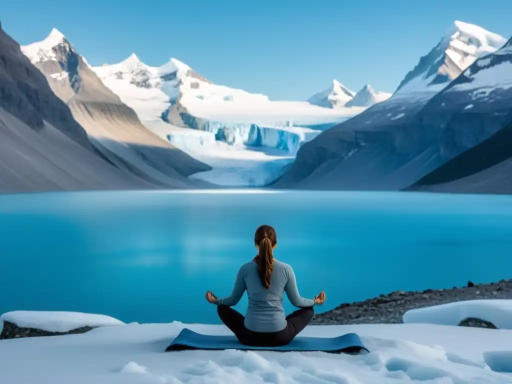 Practicando yoga entre glaciares en paisajes helados, en un entorno sereno y tranquilo