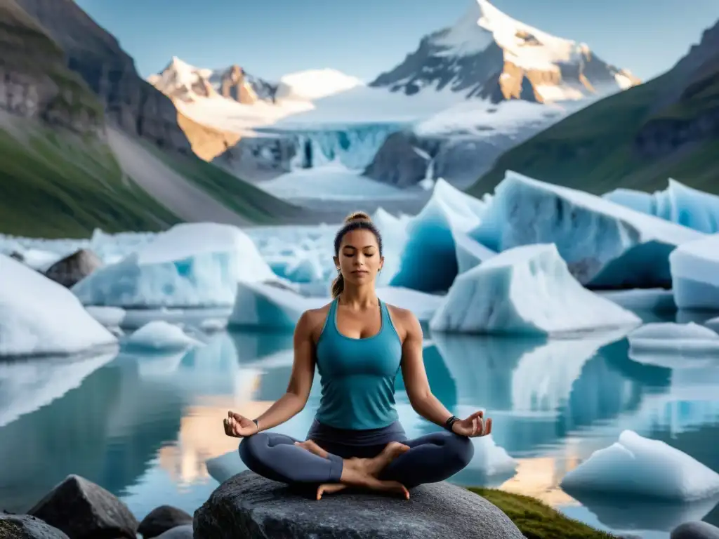 'Yoga entre glaciares en paisajes helados: Practicante en meditación con majestuosos picos nevados de fondo