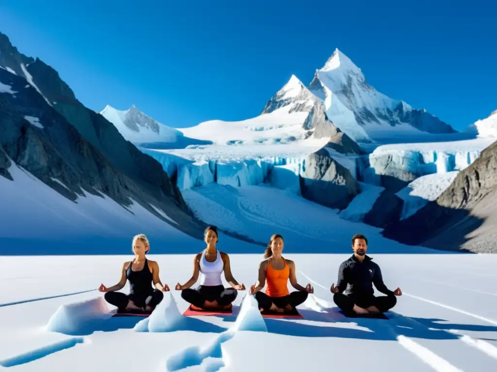 Yoga entre glaciares en paisajes helados: Practicantes de yoga en poses sobre un glaciar, rodeados de picos helados y cielo azul