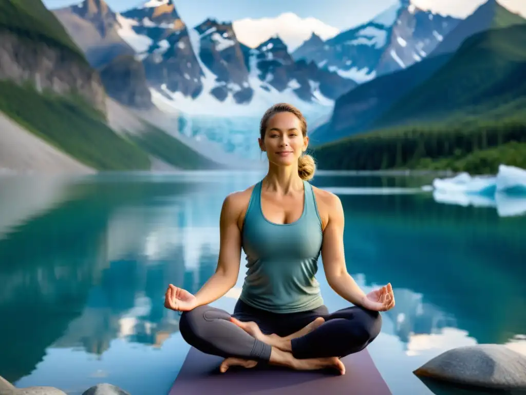 Yoga entre glaciares en paisajes helados: instructor guía sesión en montaña serena con lago y nieve