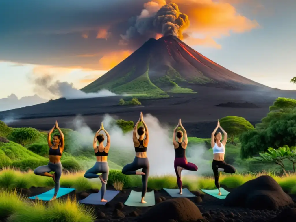 Yoga al amanecer en paisaje volcánico Práctica de yoga en un paisaje volcánico exuberante con efectos del yoga en ecosistemas volcánicos