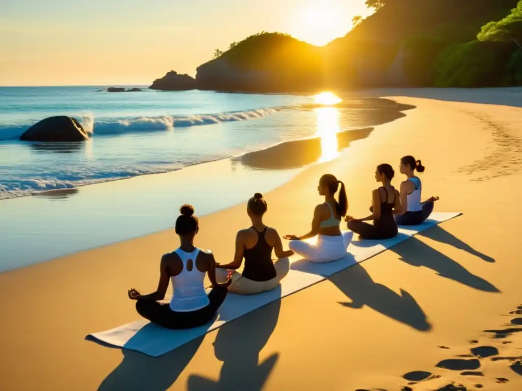 Práctica de yoga al amanecer en una playa remota, con el mar tranquilo de fondo y exuberante vegetación