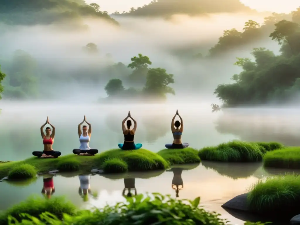 Práctica de yoga al amanecer en un río sereno rodeado de naturaleza exuberante, evocando retiros de yoga en cauces de agua dulce