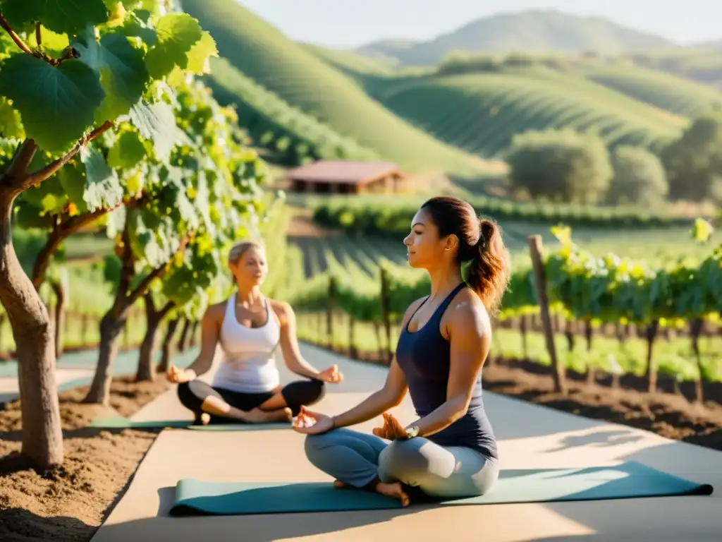 Práctica de yoga en un viñedo natural, armonizando con la naturaleza y la serenidad del entorno