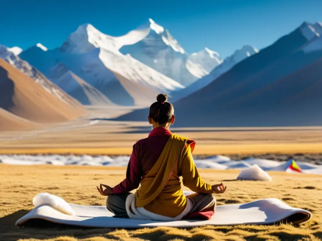 Un yogui practica yoga en la meseta tibetana, rodeado de montañas nevadas y banderas de oración, bajo la suave luz dorada del atardecer