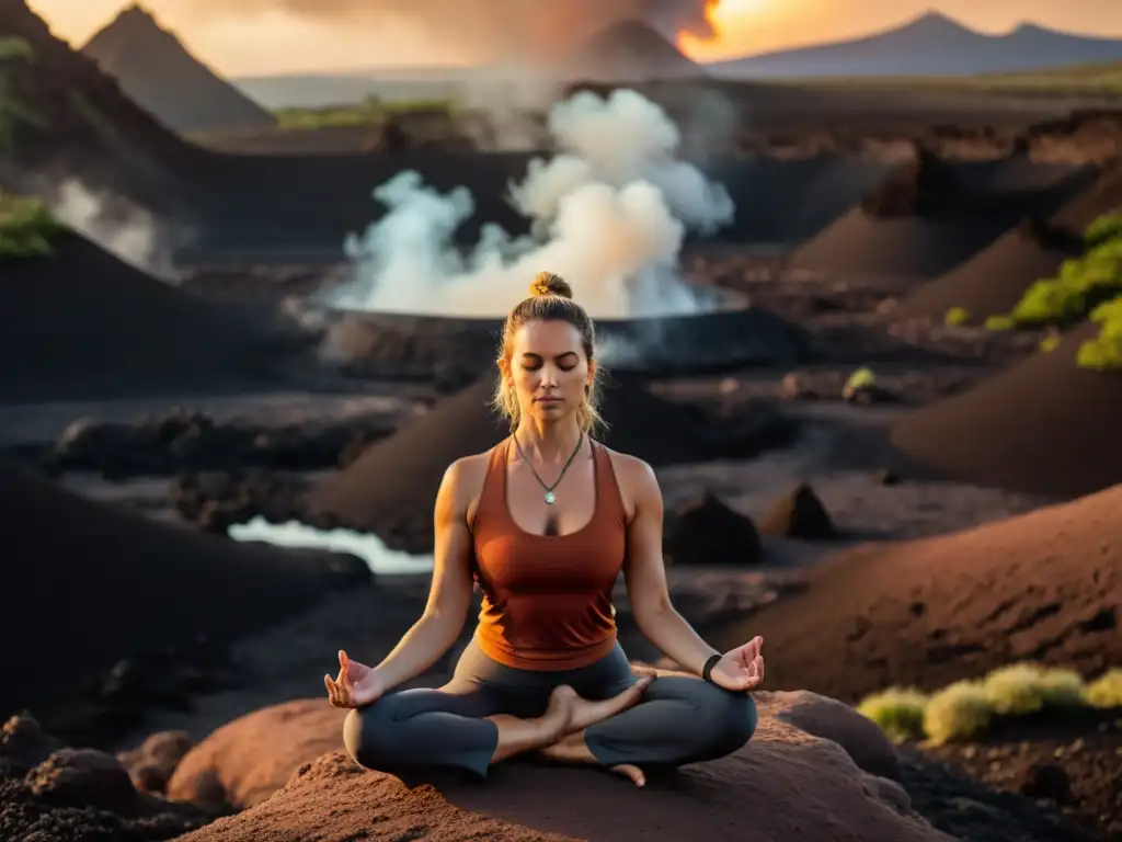 Un yogui meditando en un paisaje volcánico, fusionando la práctica espiritual con la energía cruda de la naturaleza