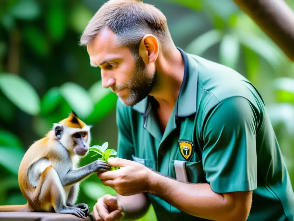 Zoólogo alimentando a primate en peligro crítico en zoológico